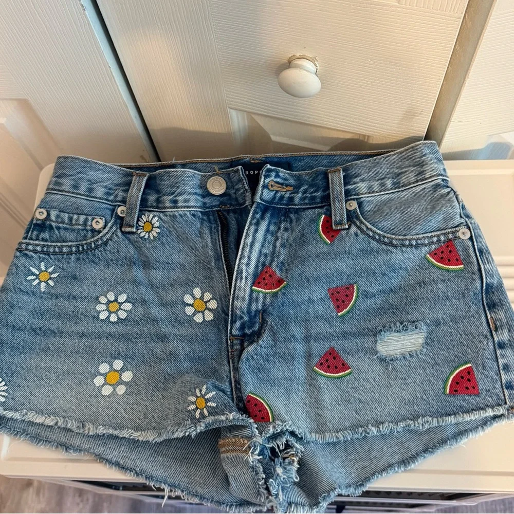 Aeropostale Blue Jean Shorts with Watermelon and Daisy‎ Embroidery